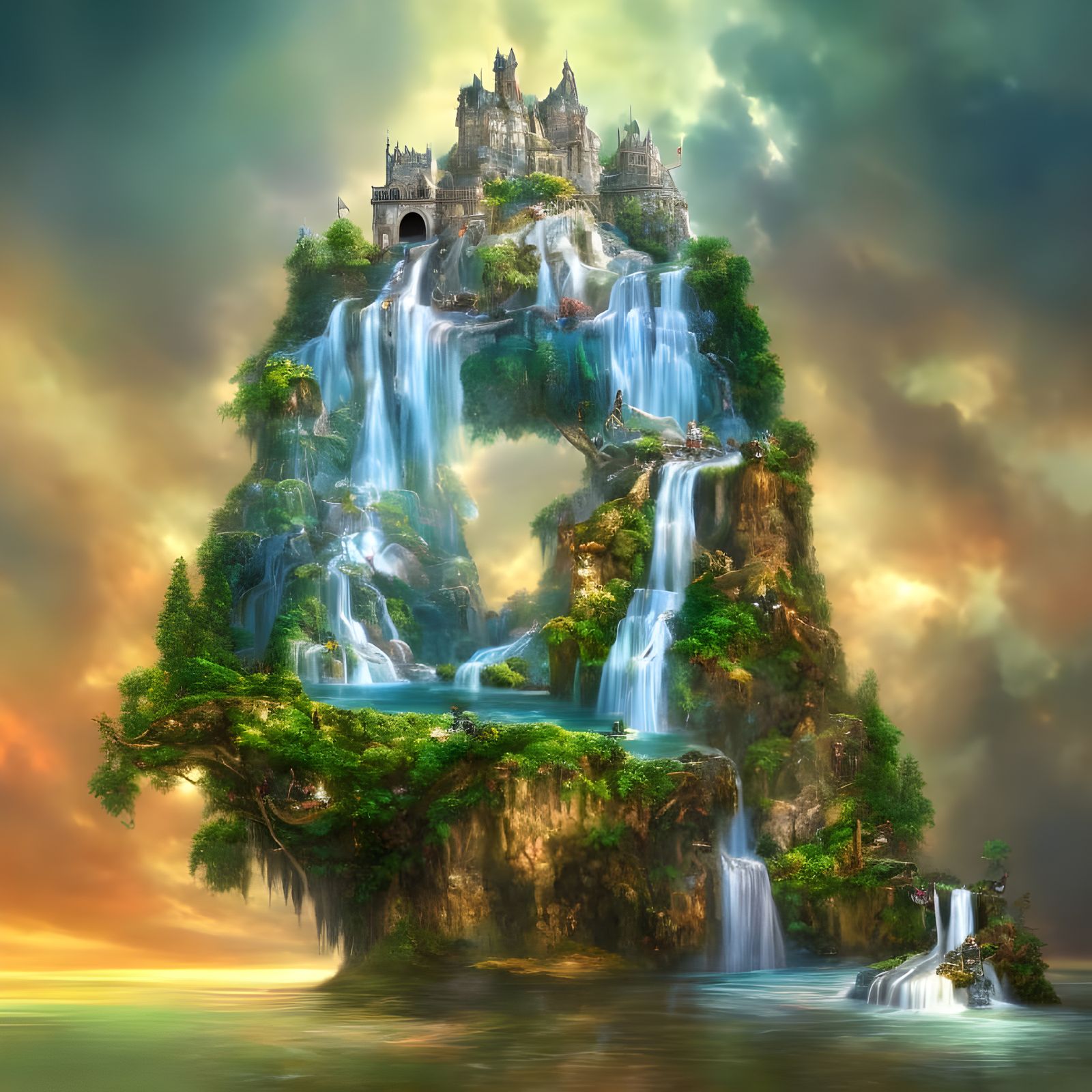 Fantasy Castle with a Waterfall  undefined