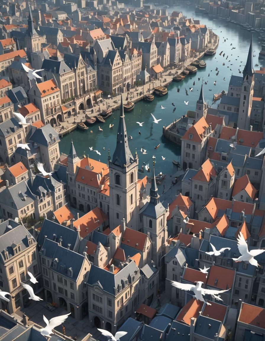 city of spires, flock of birds, harbor, overcast