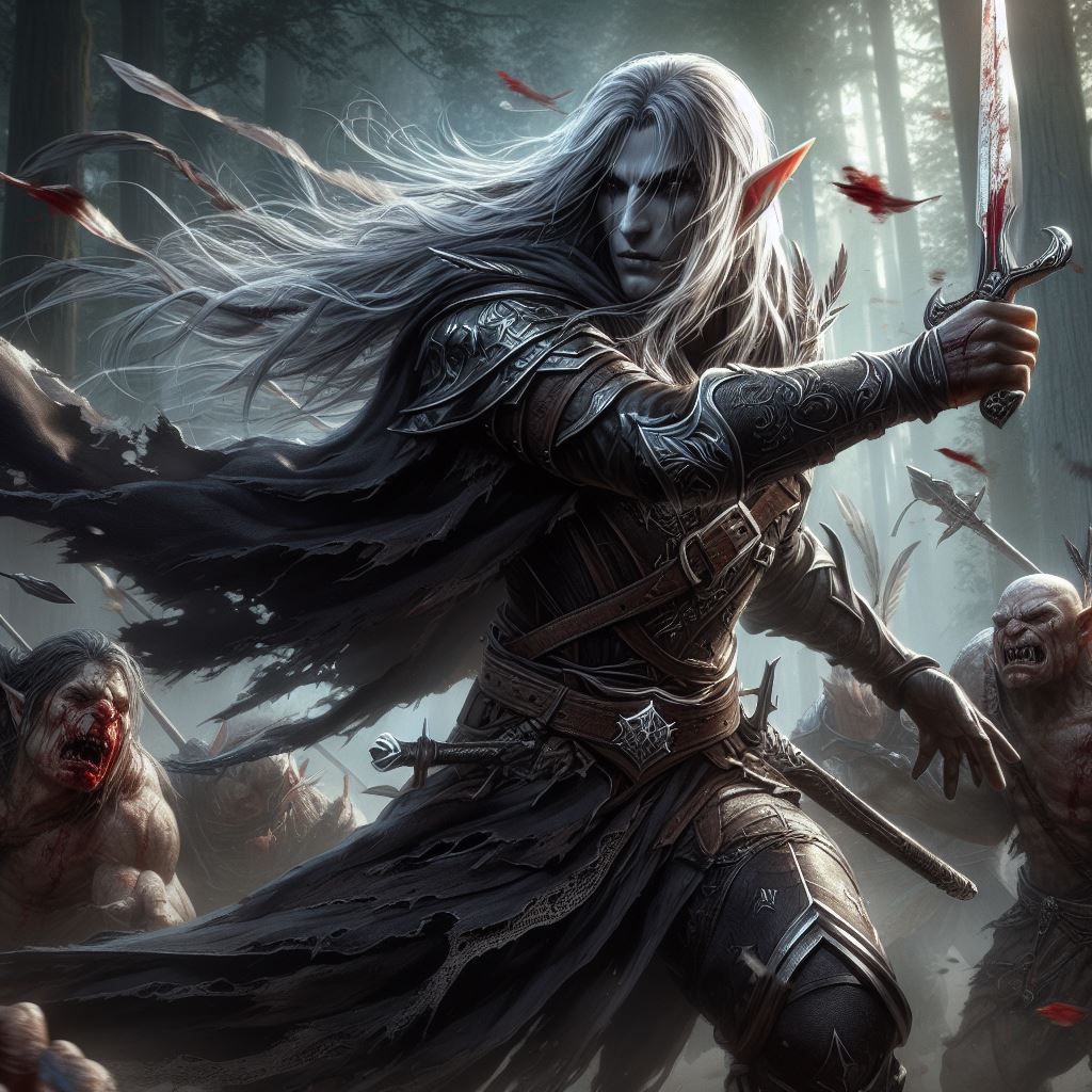 Dark elf in battle with orcs