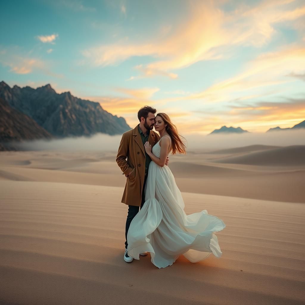 A man and a woman meet in an undefined place. The sky, with ...