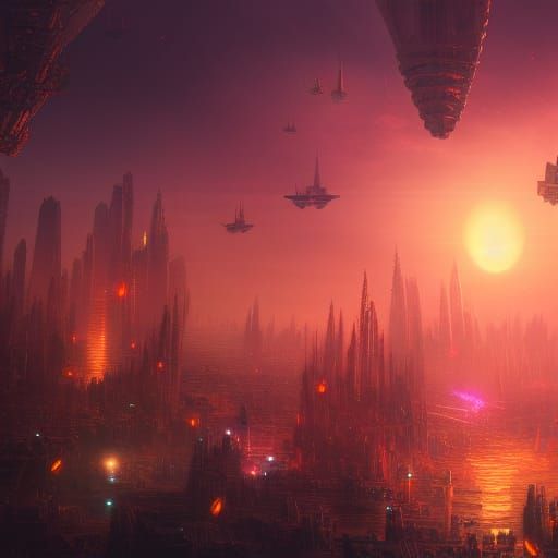ships flying above a lit city