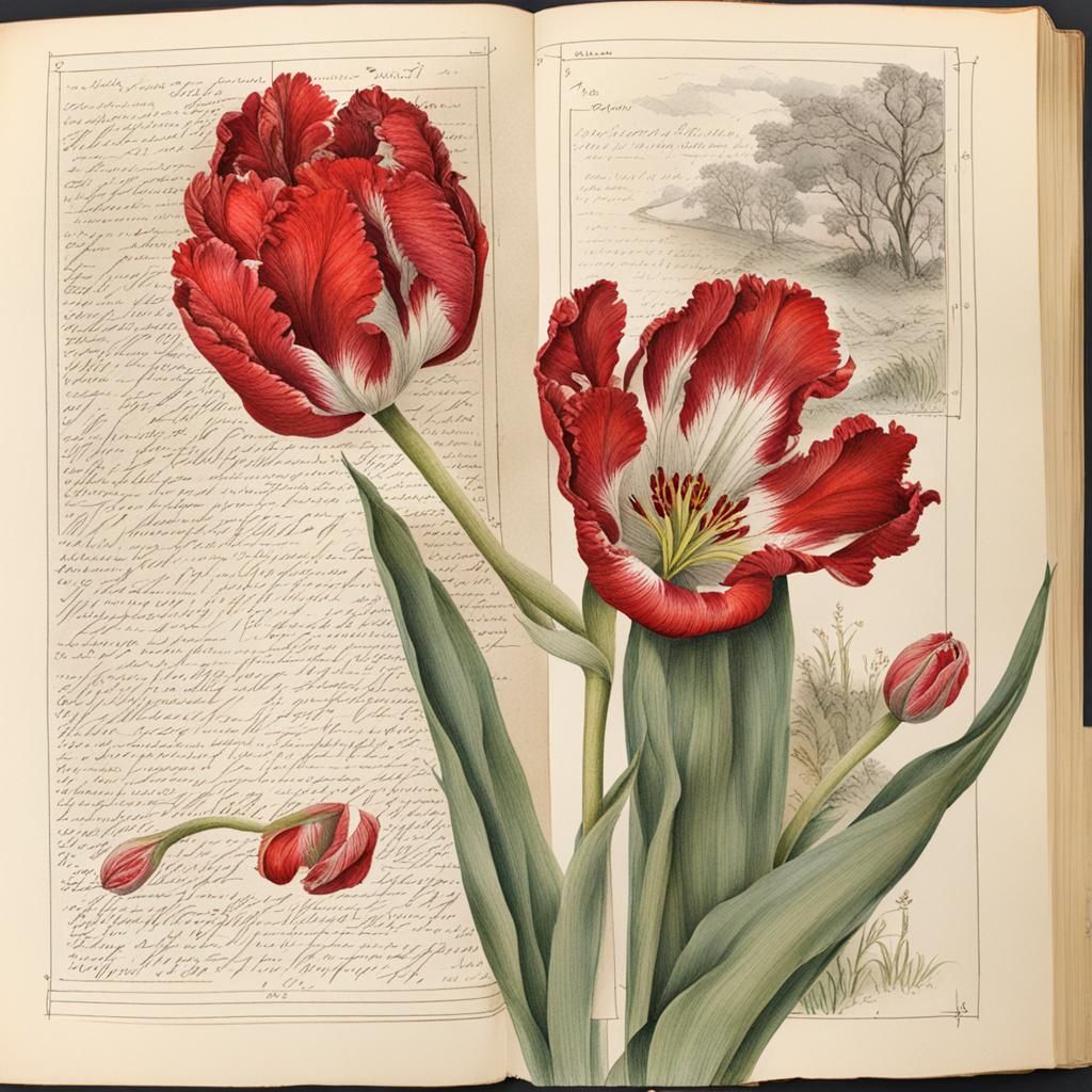 Botanical ink drawing of a parrot tulip with a tinge of red in a page in a book of illustrations((Tulipa ...  by @Missysmom
