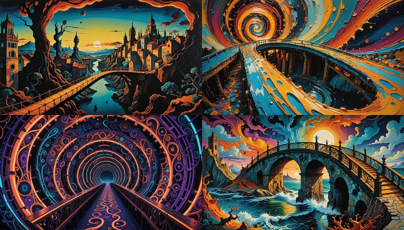 “The bridge to nowhere”. Psychedelic colors. Chaos theory. Jackals laughing.