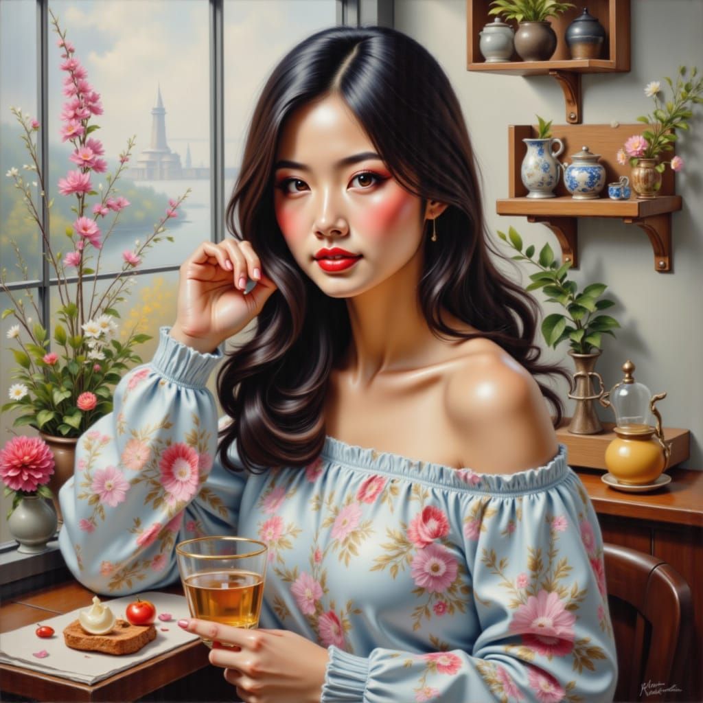 <lora:Asian Women 1-01:1.0> Oil painting of a Thai woman in bra and thong in walk-in wardrobe, clothes on hangers