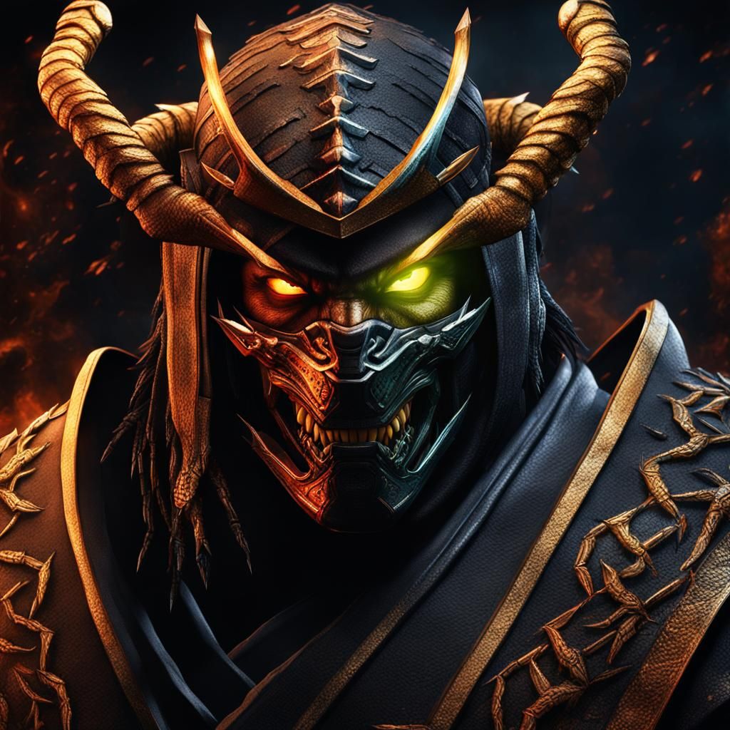 Photorealistic portrait of a sinister evil Hanzo Hasashi scorpion ...