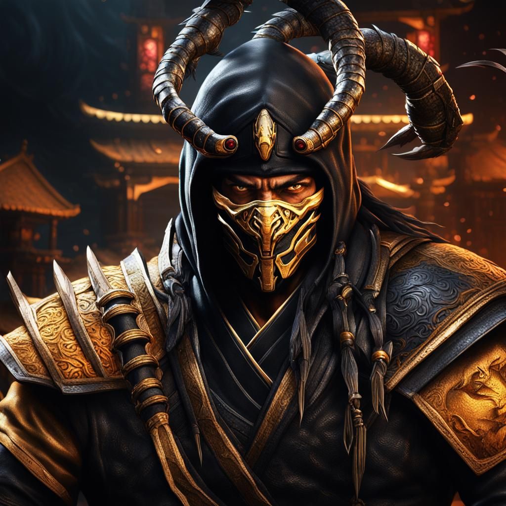 Photorealistic portrait of a sinister evil Hanzo Hasashi scorpion ...