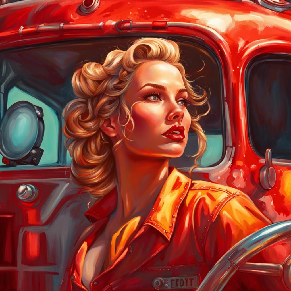 pinup girl with a firetruck - AI Generated Artwork - NightCafe Creator