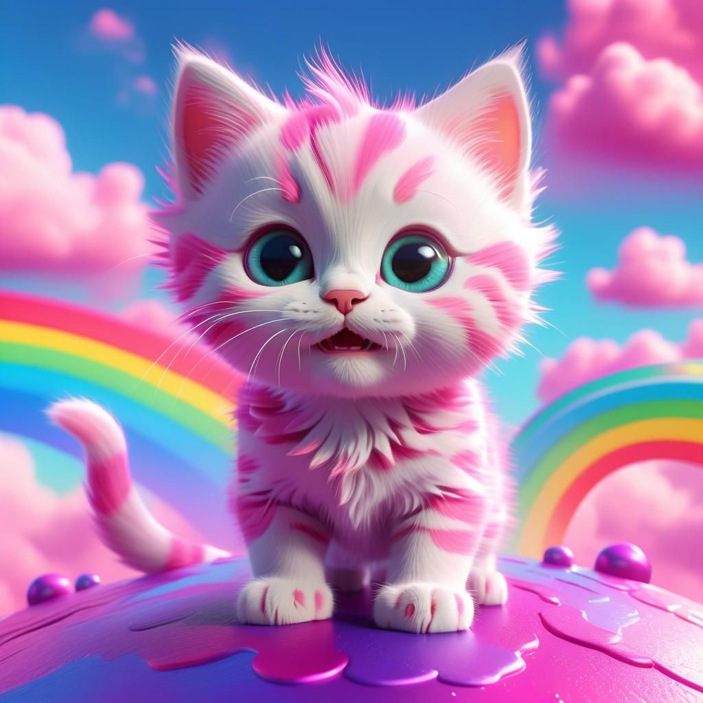 A small pink kitten rides on a rainbow. 