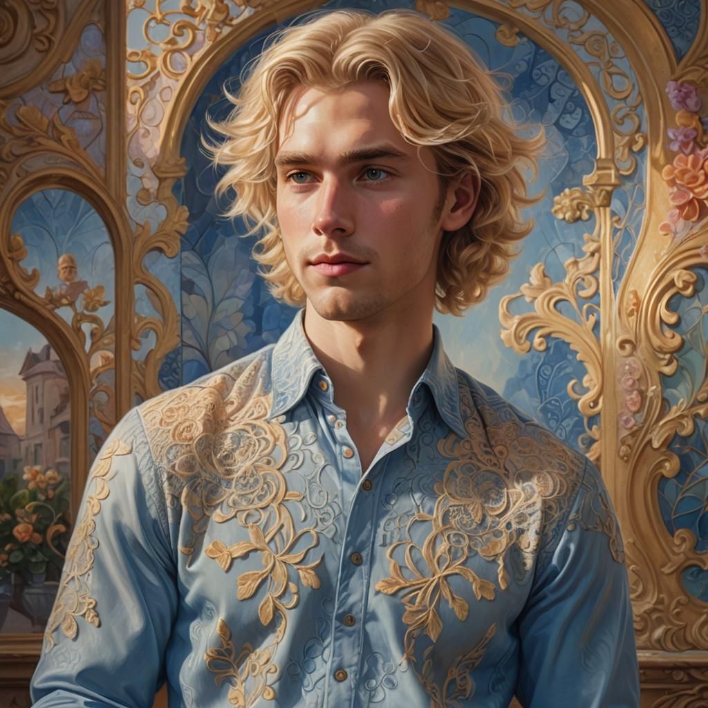 Blonde man with soft, plump face, feminine features, in a bl...