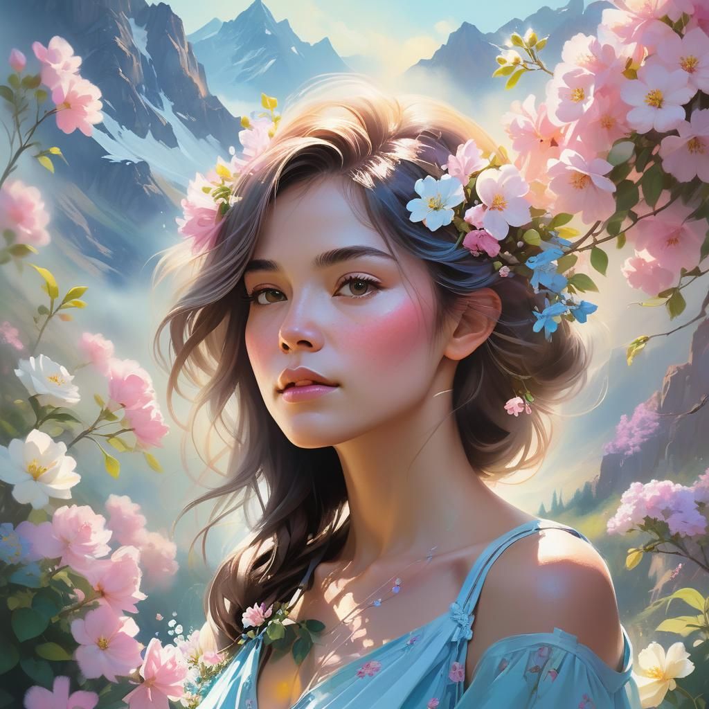 Dreamy Portrait of Serene Woman in Mountain Landscape