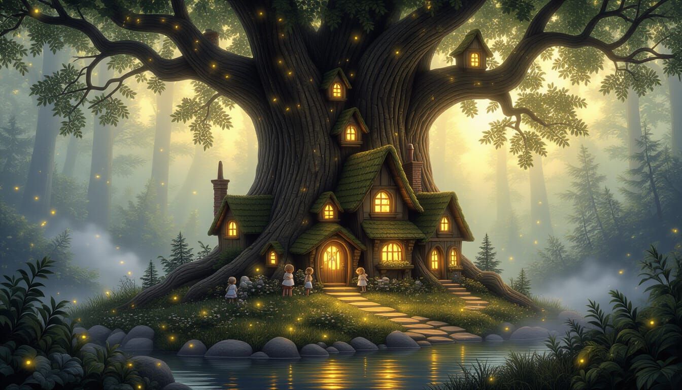 A hyper-realistic painting of a fairy village nestled within the heart of a giant, ancient tree in an enchanted forest. The village is bustl...