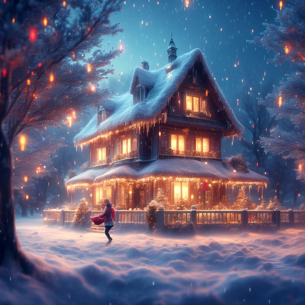 bright happy Christmas house, tree, snow, snowflakes, <lora:Wild Storm:1.0> happy woman running, cheerful, shading, atmosphere, holiday, lig...