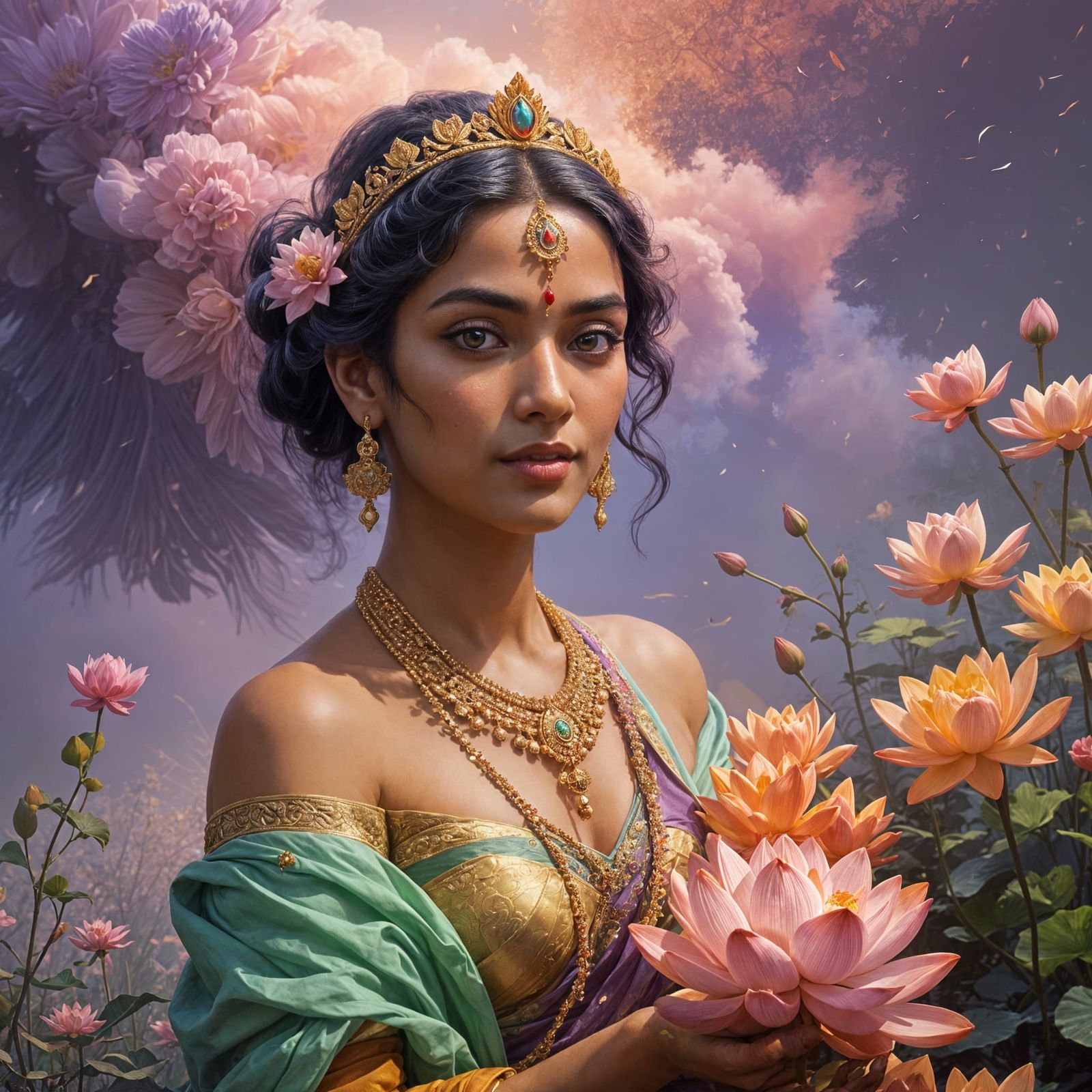 Lakshmi Goddess in Lotus Flowers, Intricate Hindu Art