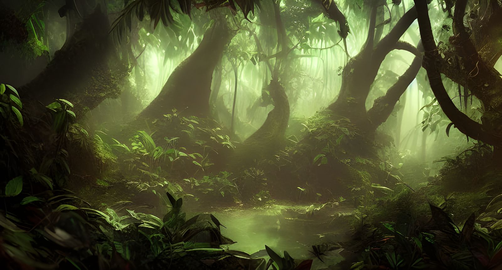 jungle, explorers, mist, god rays, concept art