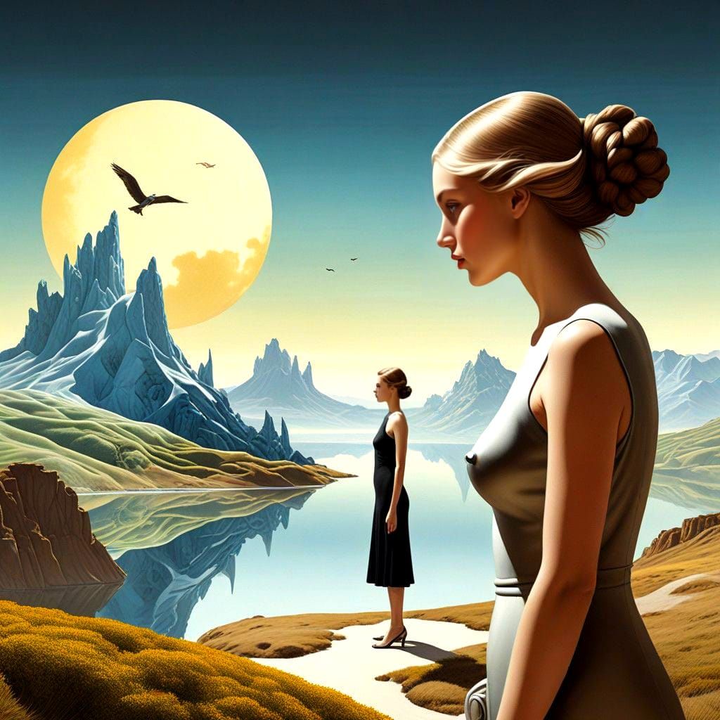 Surrealistic Lady Faces Mysterious Creature in Vibrant Lands...