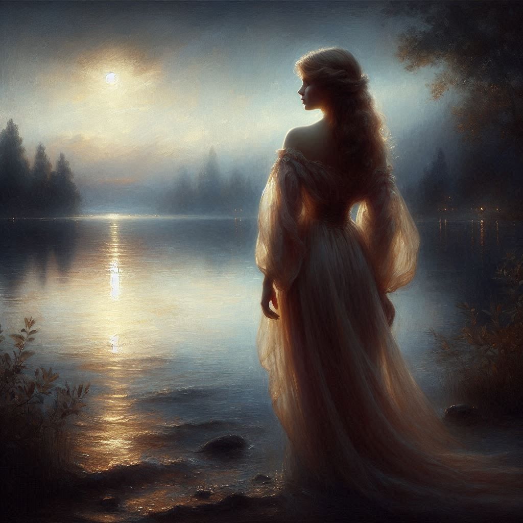 Under the moon on the shore of the lake