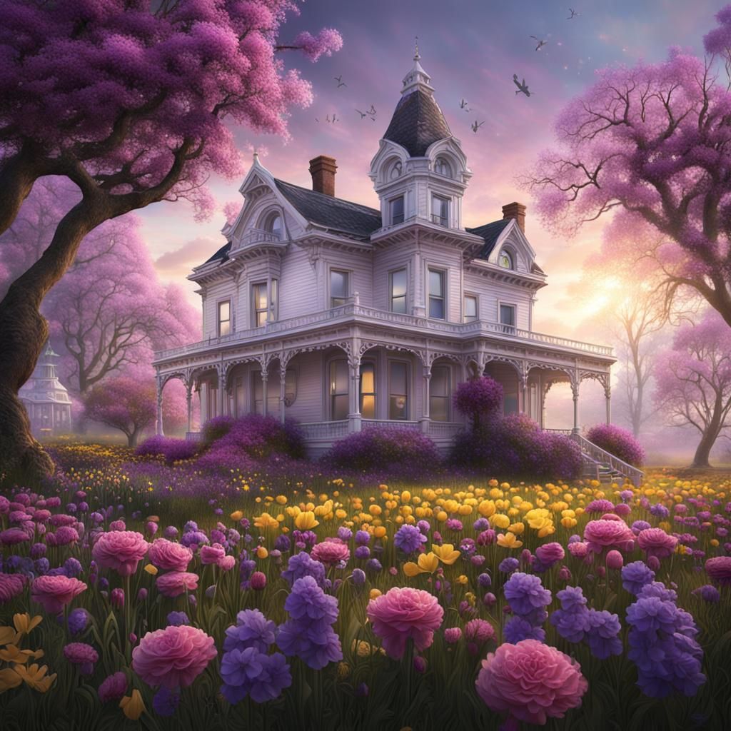 First Day of Spring with pink, purple and yellow flowers in a field with a White Victorian house in background. ...  by @Sandy Ruoff