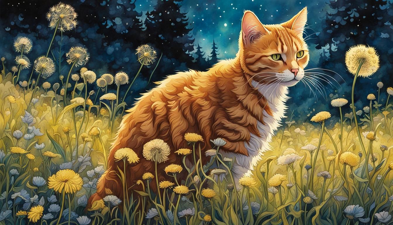 "ginger cat sniffing in a dandelion in wildflower meadow; .....