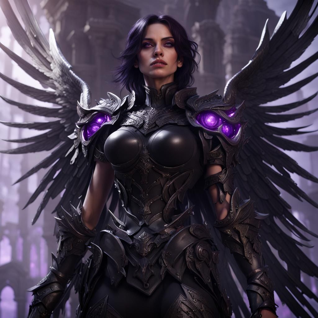 Beautiful evil corrupt female fallen angel with black hair and purple ...