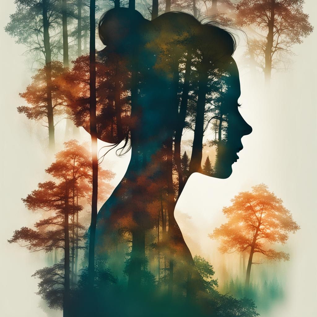 double exposure artwork, silhouette of a woman with the intricate, forest, ethereal, natural, rich colors ...  by @Dame B