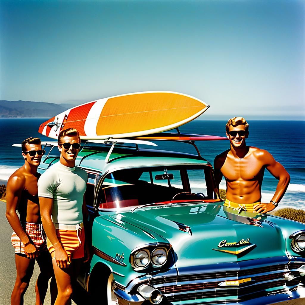 Three young surfers
 in 1960s California on a road trip down...