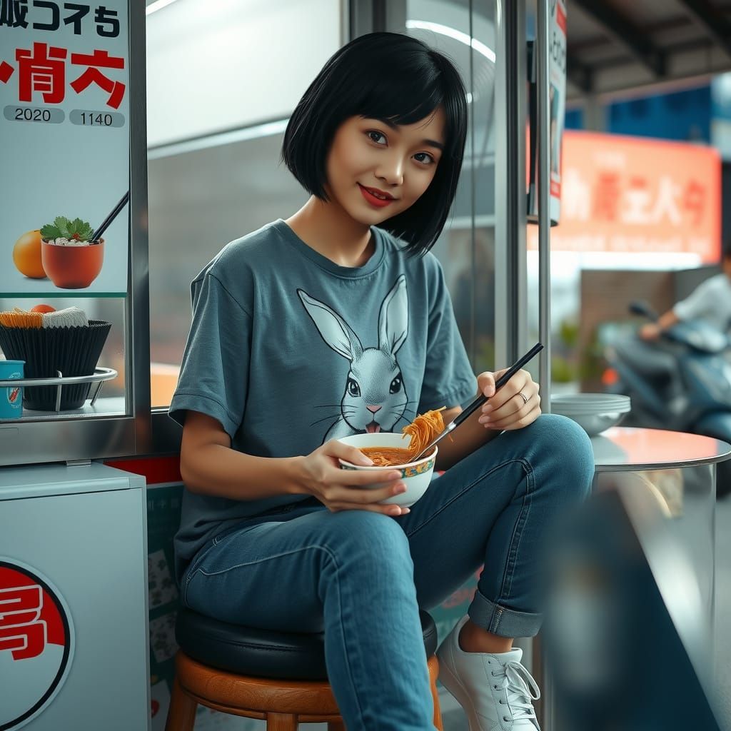 Photorealistic Asian Woman Enjoys Ramen in Thailand