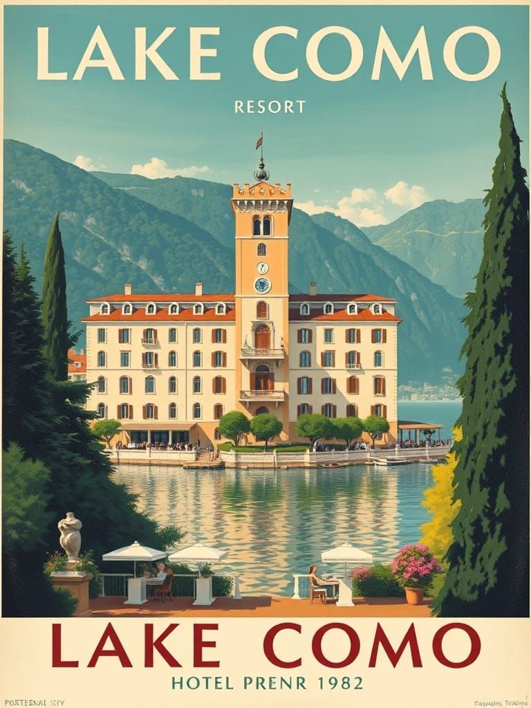 Vintage Travel Poster, Lake Como resort hotel