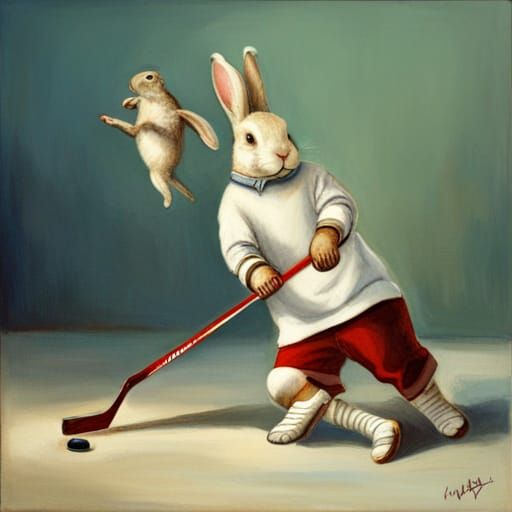 rabbits playing hockey, realistic AI Generated Artwork NightCafe