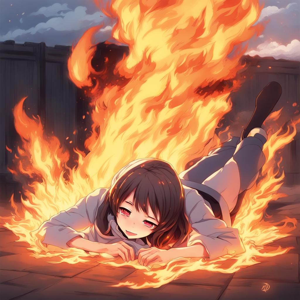 Girl being burned by fire and laying down by artist "anime",...