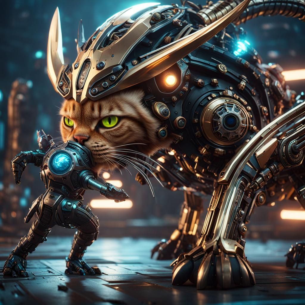 a cyberpunk tabby cat warrior fighting a demonic cephalopod - AI ...