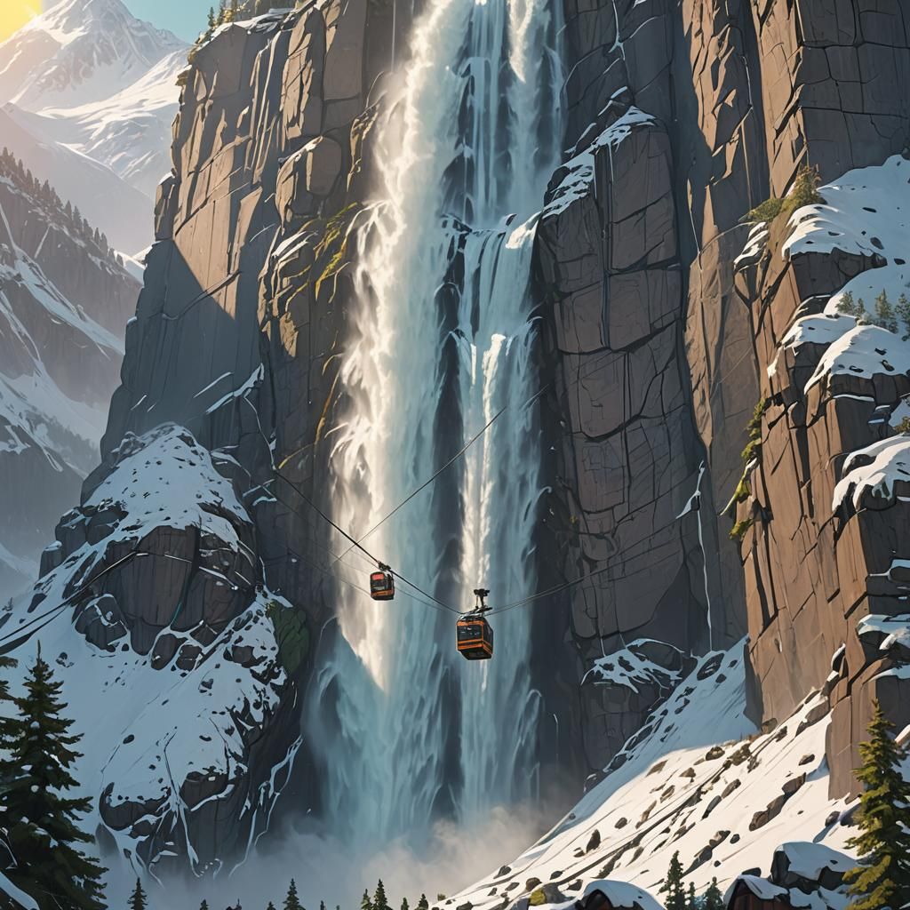 Majestic Waterfall Scene with Snowy Mountains