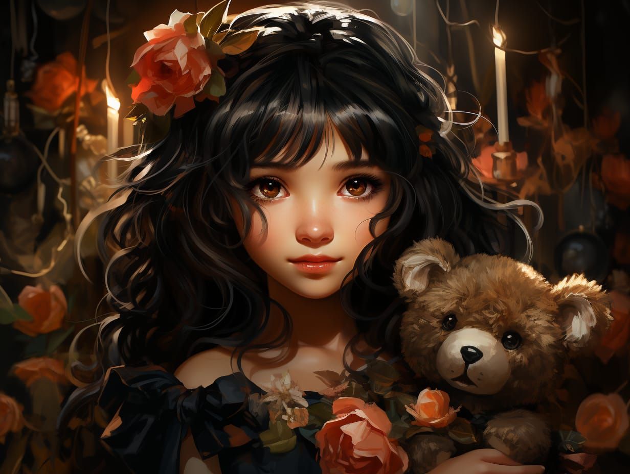 A beautiful little girl and her teddy bears