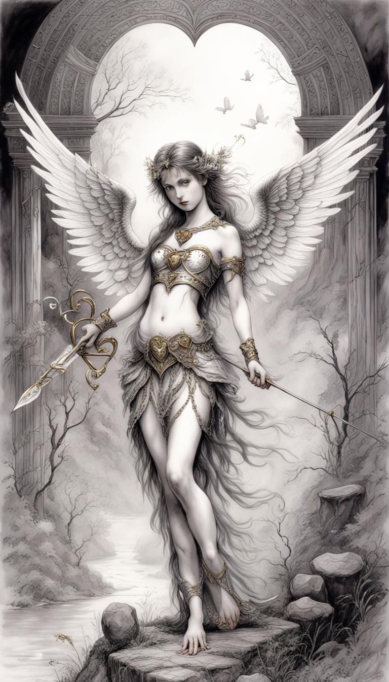 Cupid with a heart, adult coloring sheet, black and white, s...