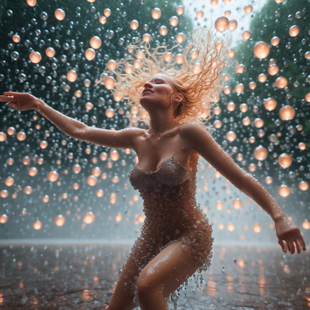 <lora:Spheres:1.0> A blonde woman dancing in the rain, extremely large bosom, Professional photography, bokeh, natural lighting, canon lens,...
