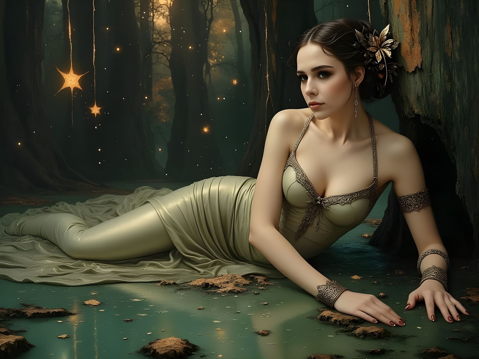 <lora:divineOil:1.0> <lora:My Face Flux:1.0> An enchanted princess with flowing raven hair and piercing emerald eyes, clad in tattered cloth...