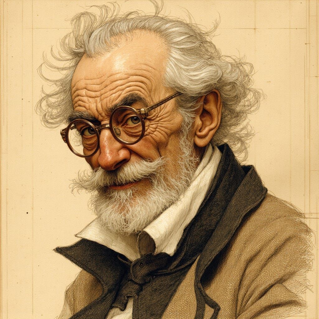 <lora:LSR - 2:1.0> In the style of J. C. Leyendecker, Egon Schiele and Luis Royo create a sketch style image of grizzled old man with a chee...