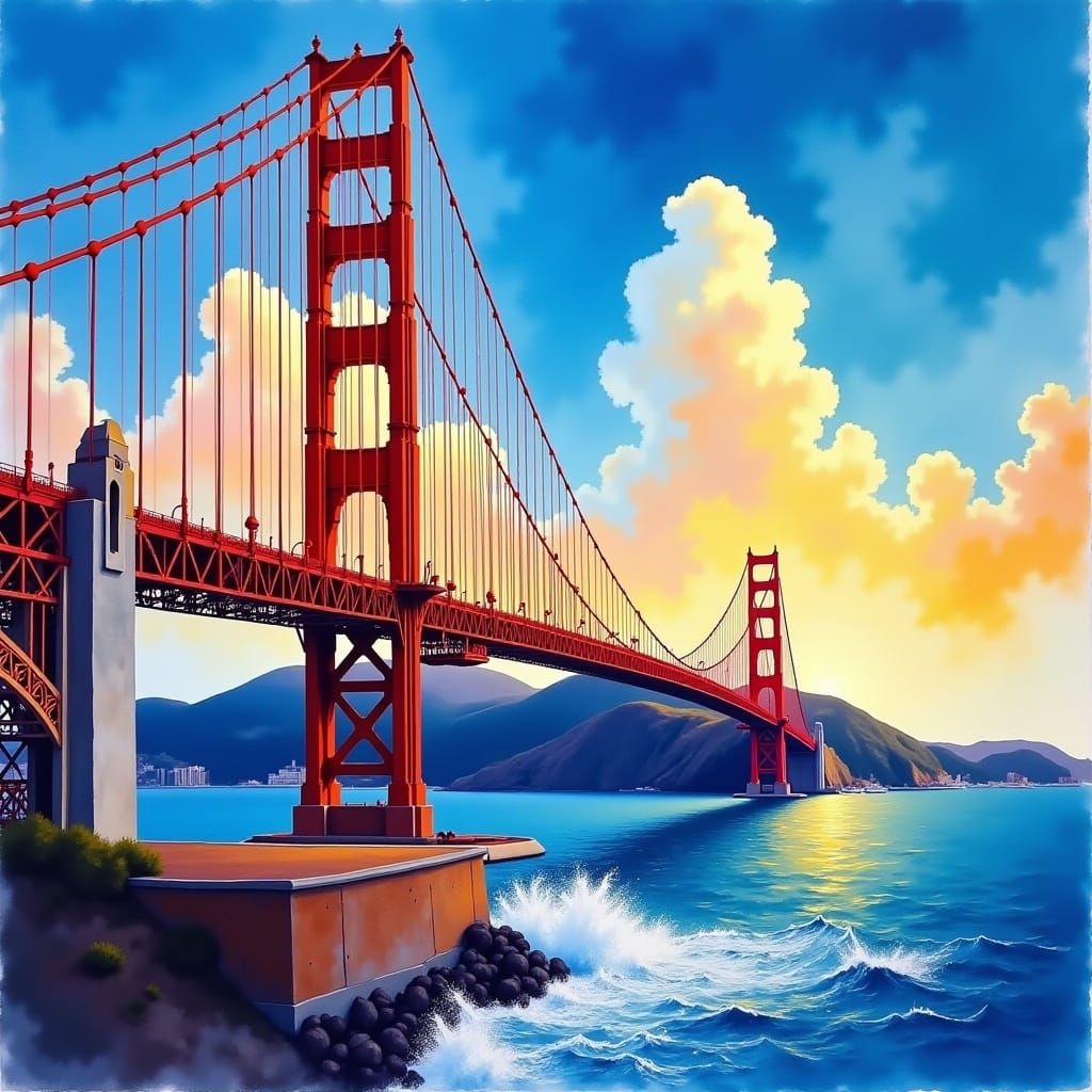 <lora:Watercolor Scenes:1.0> A beautiful watercolor scene of the Golden Gate Bridge
