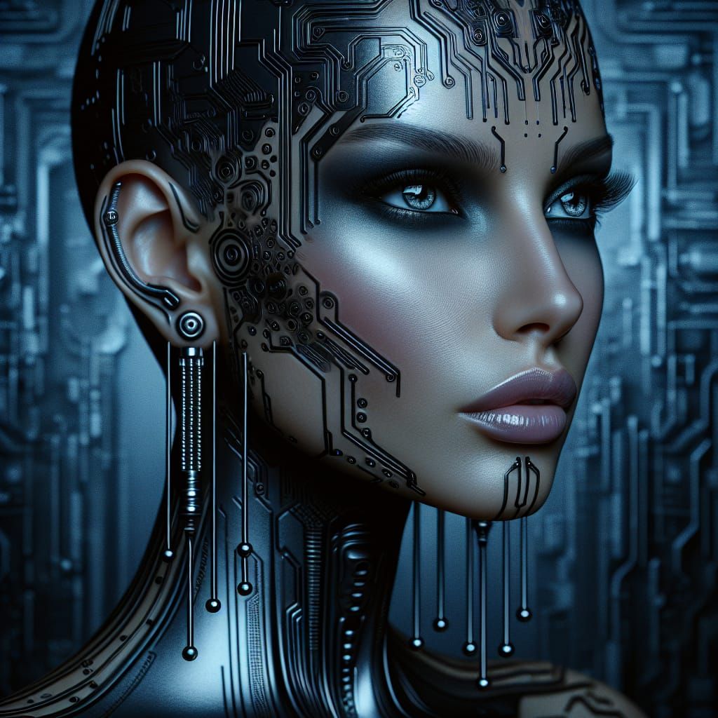a female with cybernetic enhancements in a three-quarter pro...