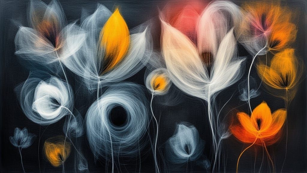 abstract mixed media composition in the style of Paul Klee featuring whimsical ghostly shapes, and a sinister use of color evoking a nightma...