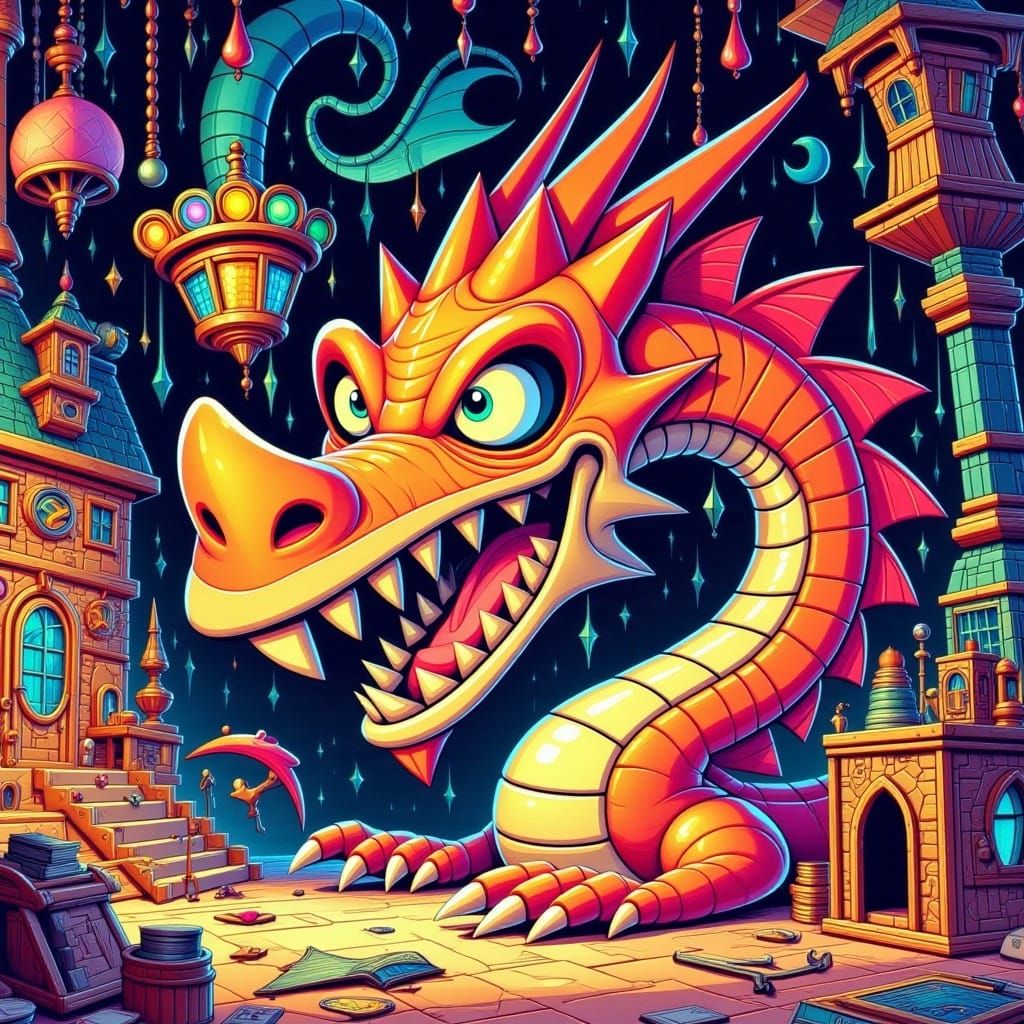 <lora:-PnC Nostalgia-:1.0> dragon ▪ nostalgic point-and-click adventure ▪ vibrant cartoon style ▪ exaggerated features ▪ quirky humor ▪ vivi...