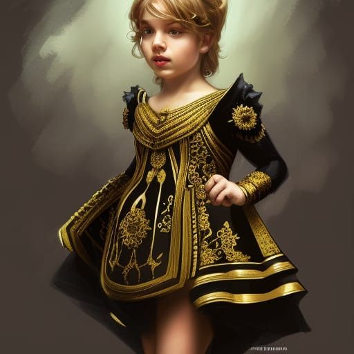 A toddler wearing a black and gold ornate dress