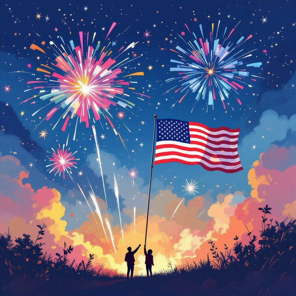 Patriotic Fireworks Display in Whimsical Style