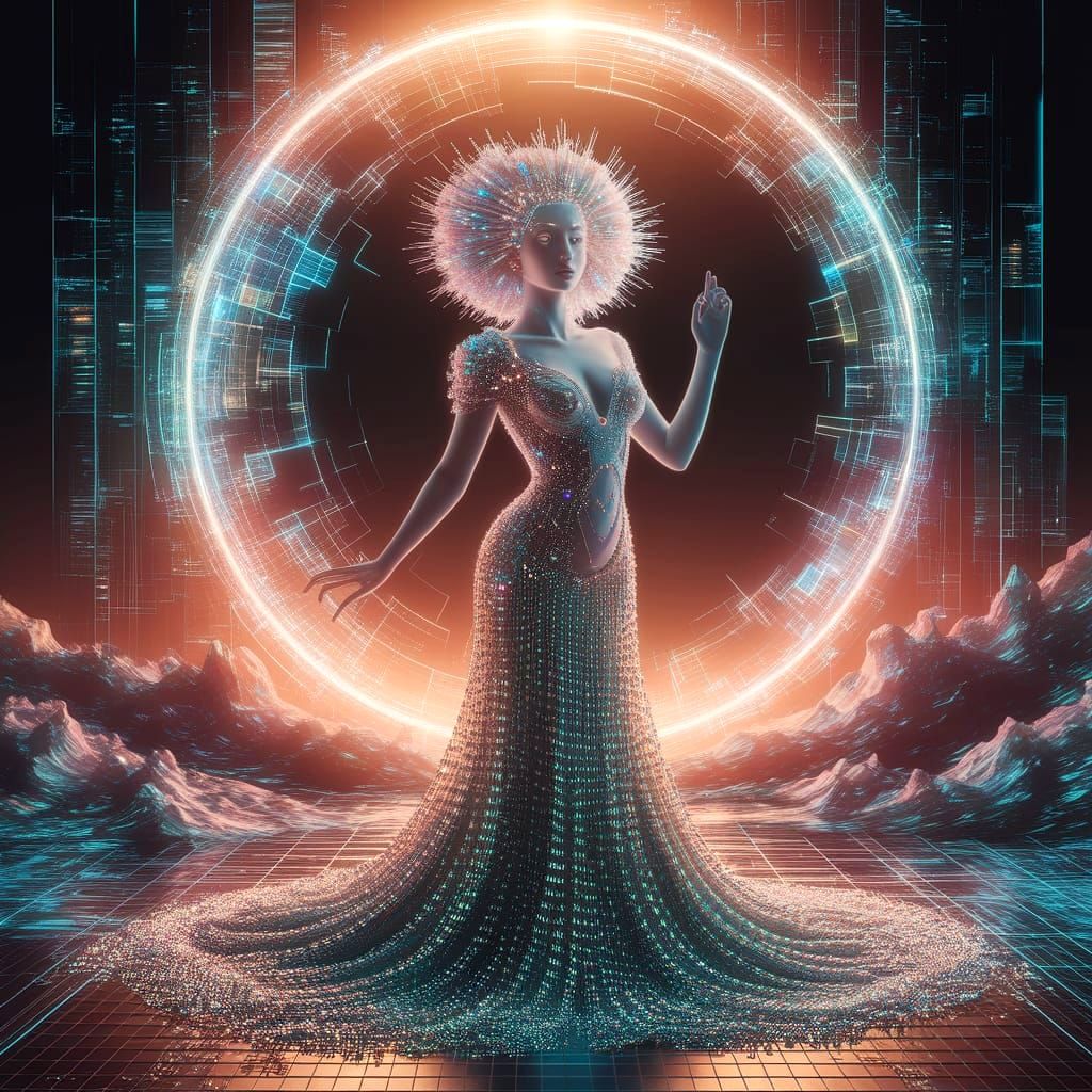 A digital oracle with a flowing gown of binary code stands before a shimmering portal, their eyes radiating an otherworldly glow. The backgr...