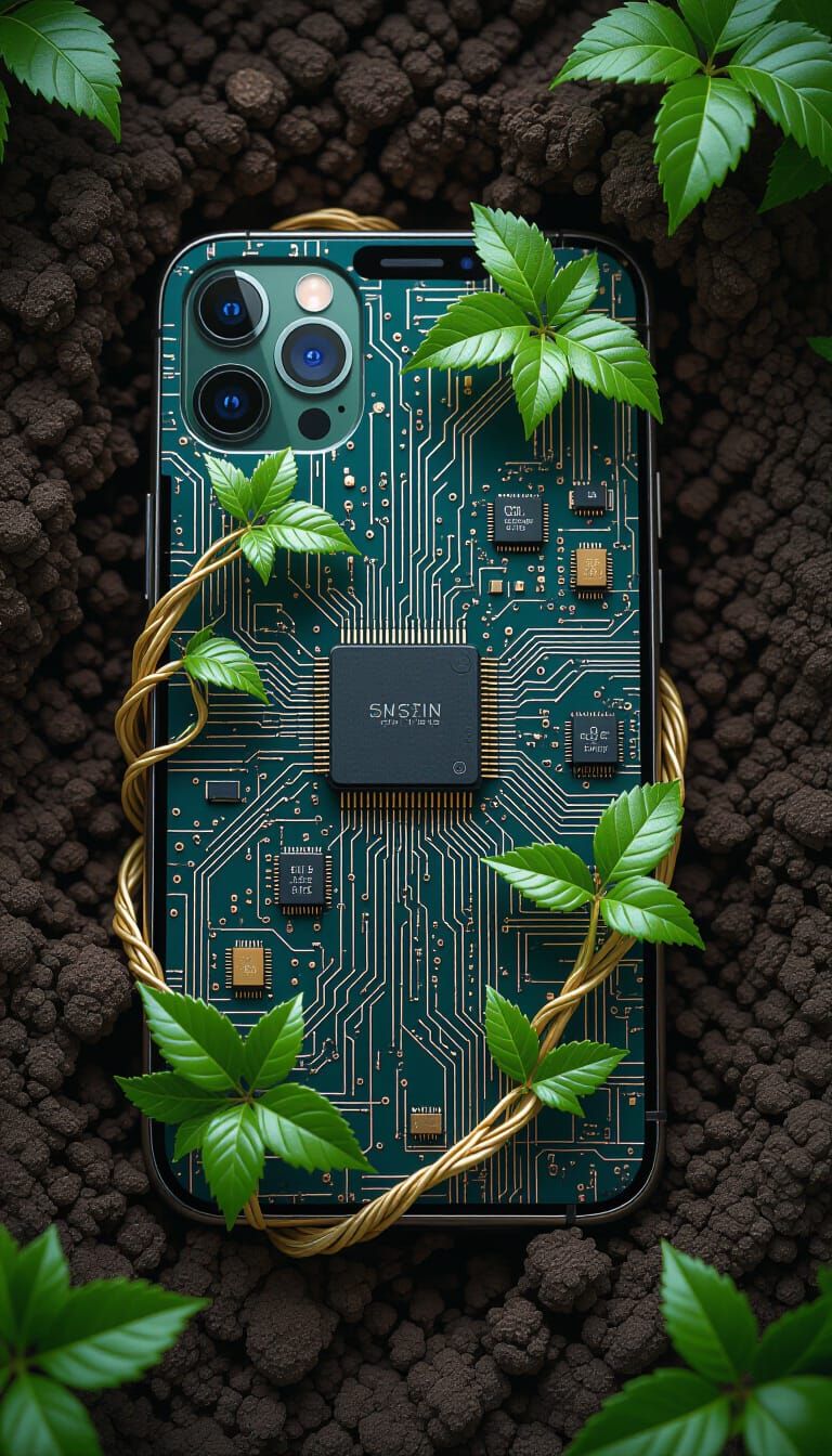 Leafy vines made out of circuit boards and computer components growing out of a smartphone half-buried in the dirt