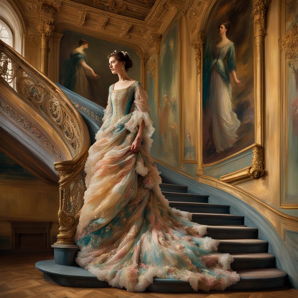 A lady in a flowing multi coloured gown walking down an orna...
