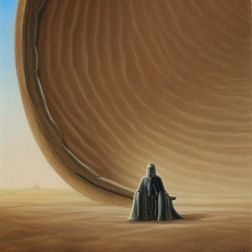 an oil painting of a Giant sandworm with an ancient wizened ...