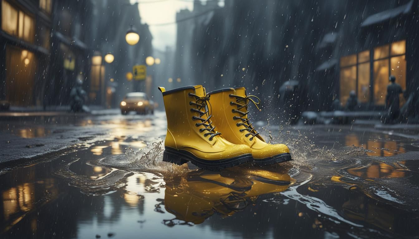 Rainy Street Scene with Yellow Boots, Matte Painting