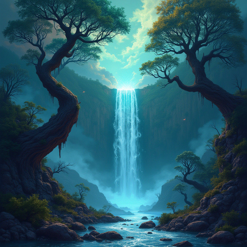 Mystical Realm with Glowing Runes and Waterfall