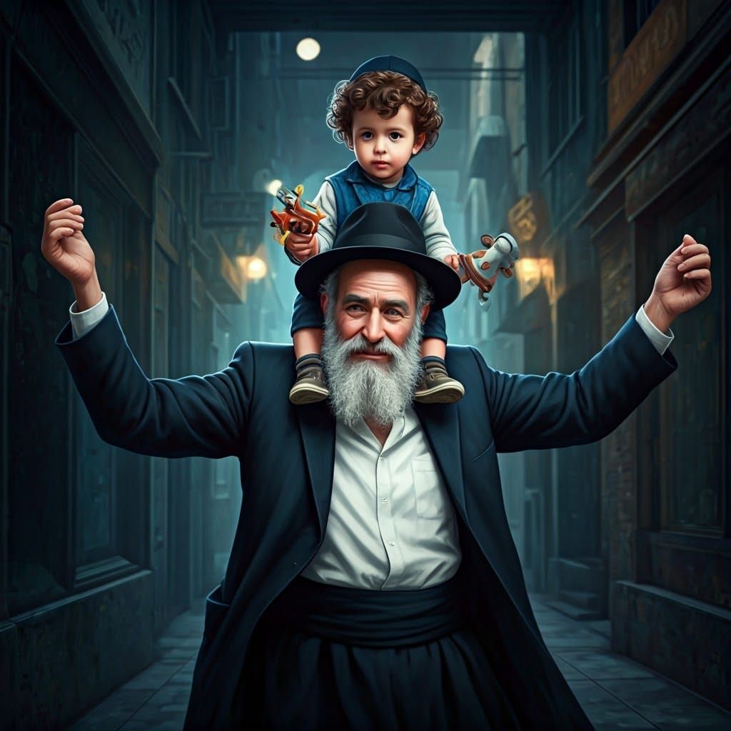 Joyful Ultra-Orthodox Father and Son in Traditional Attire