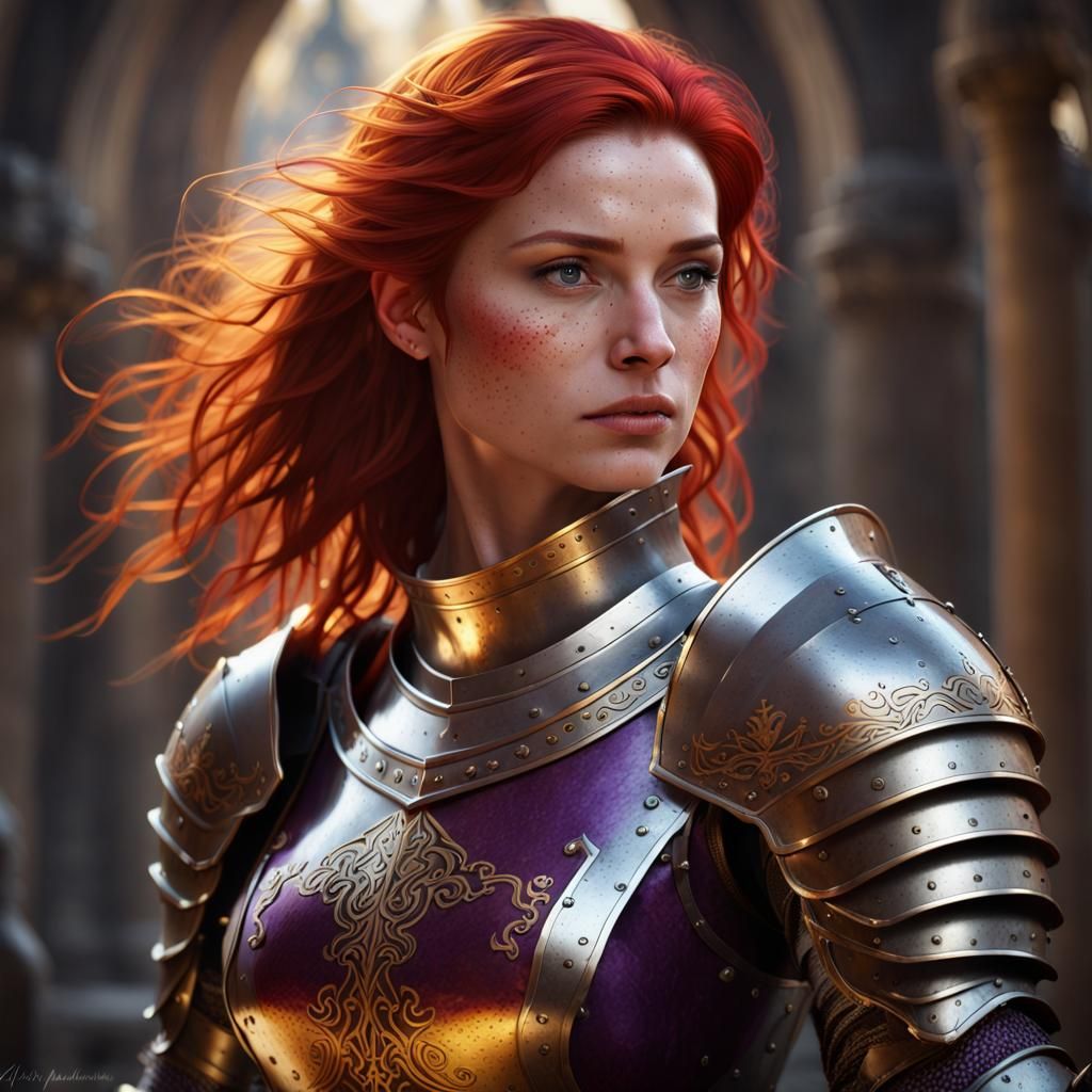 pale, freckled, red hair female knight in exquisite form fitting armor ...